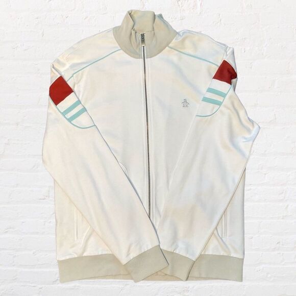 NWT Original Penguin Men's White Long Sleeve Zip Up Logo Jacket Size L. - Picture 1 of 9